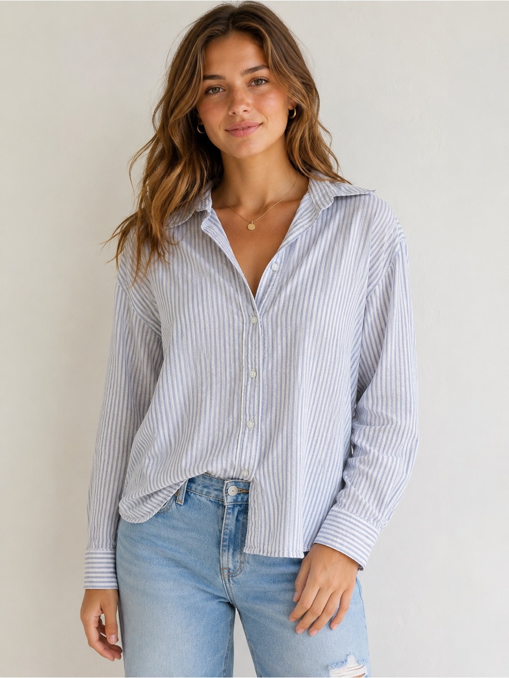 Aerie Blue Off White Striped Button Down Shirt Size Small